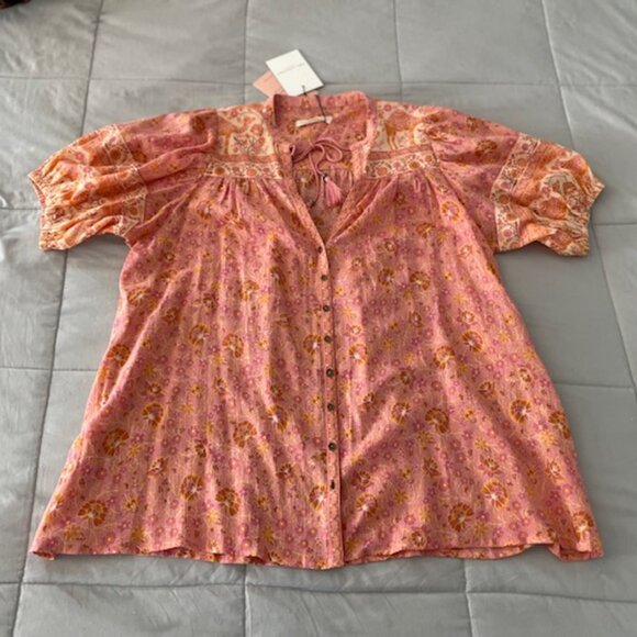 Spell Sundown Short Sleeve Blouse Apricot Floral Medium Orange Pink NWT $149 - Picture 4 of 15
